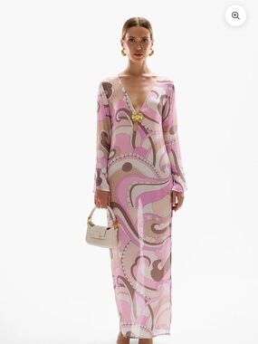 Pink Swirl V-Neck Maxi Swim Cover-Up
